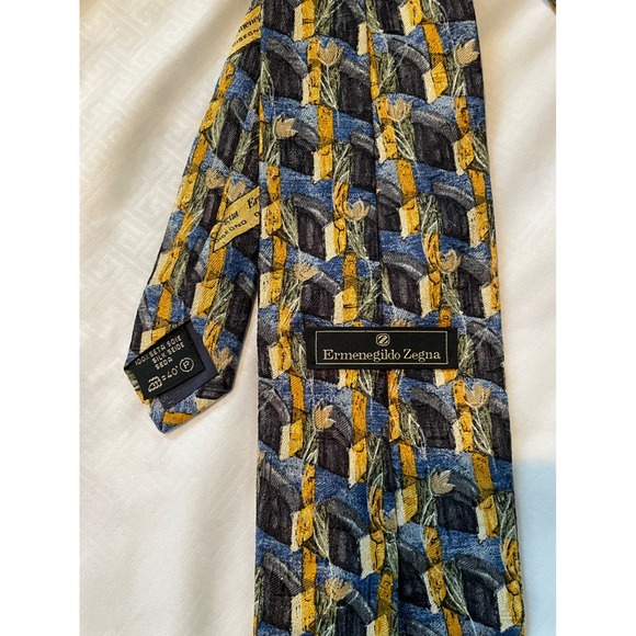 Ermenegildo Zegna Mens Silk Tie Blue Gold Grey Geometric Abstract Floral Italy - Picture 2 of 6